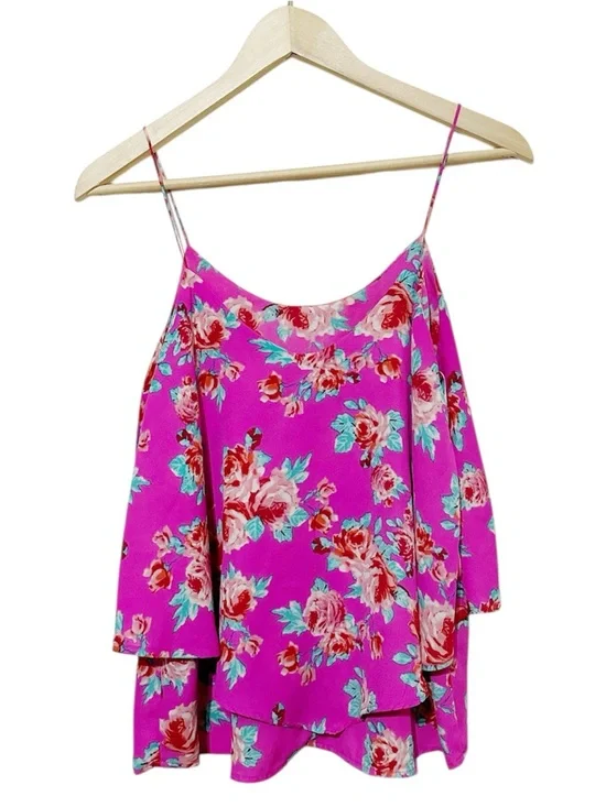 Paper Crane Pink Floral Rose Tiered Cami Spaghetti Strap Tank Top Size Medium M - Picture 3 of 5